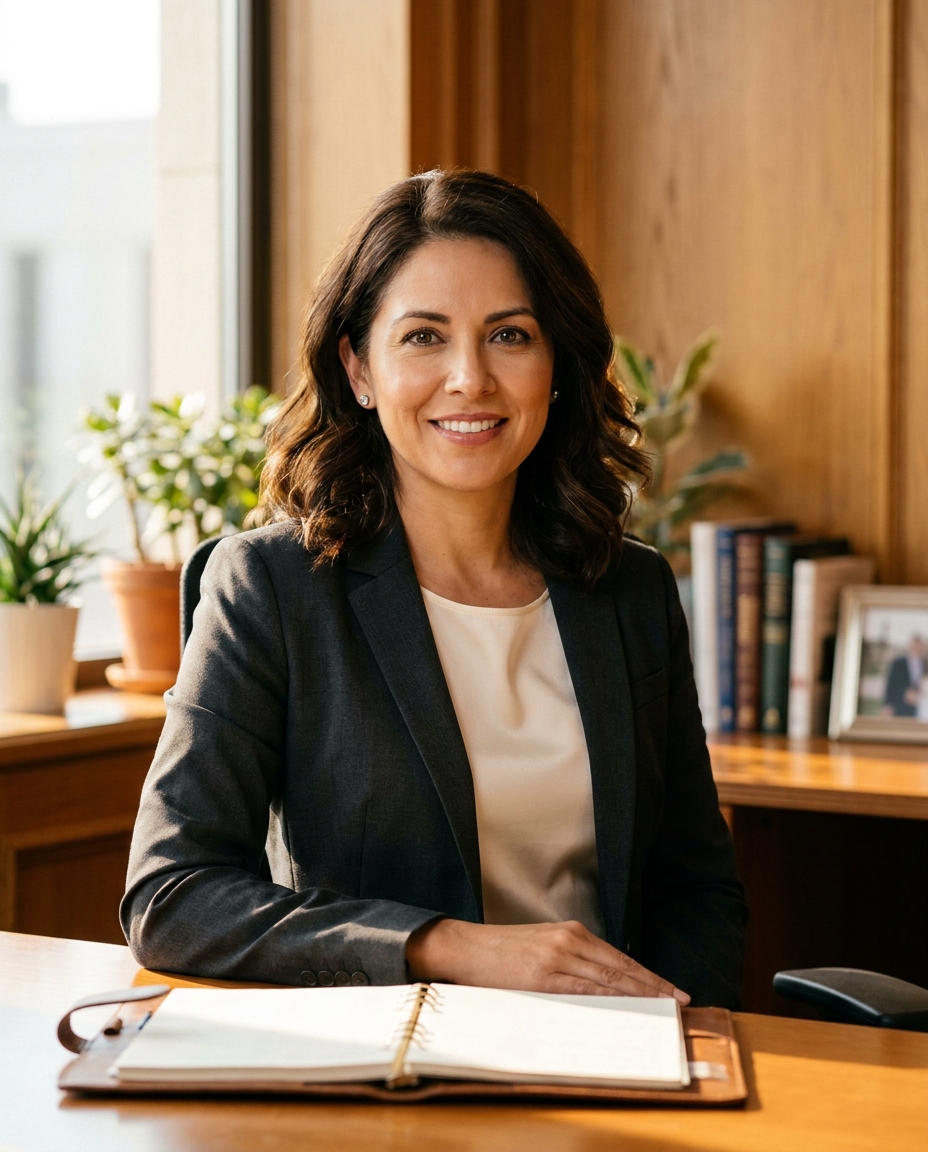A personal-injury attorney seated at her desk in a warm professional office
